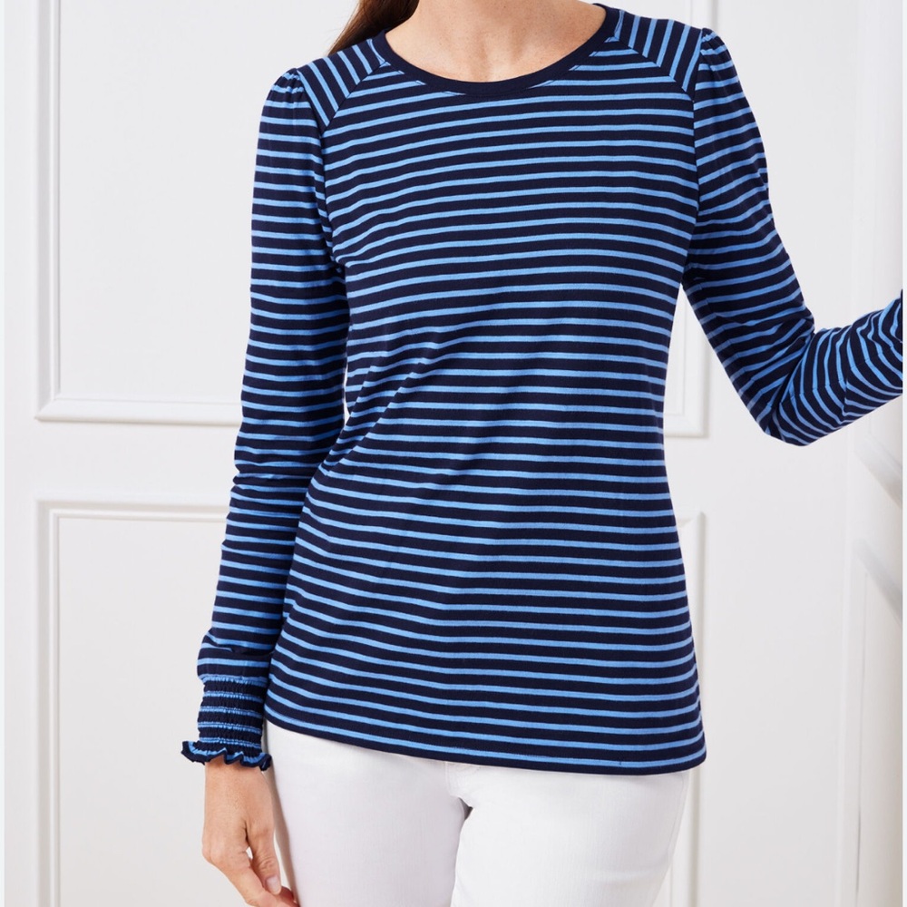 NWT~Talbots~Longsleeve Tee~Women’s XS~Atlantic Blue~Smocked Cuff~100% Cotton